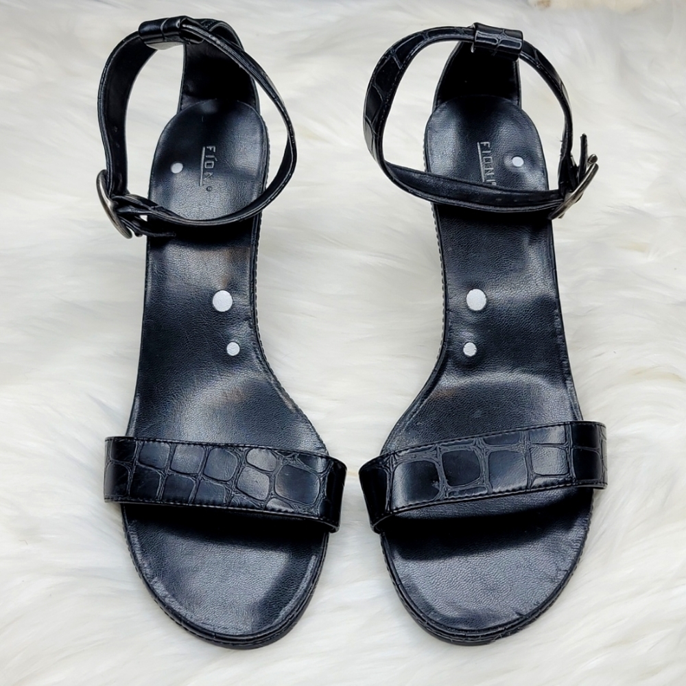 Fioni Strappy Black Leather Crocodile Alligator Print High Heels